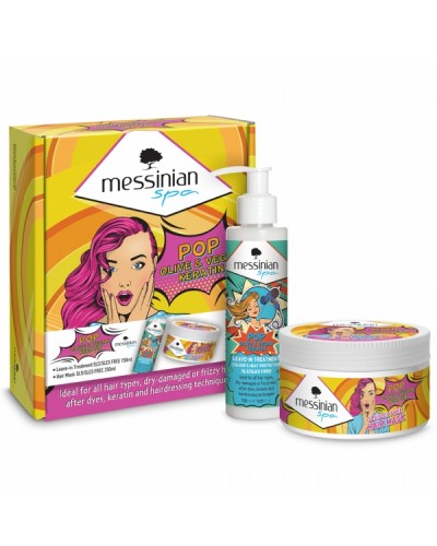 MESSINIAN SPA PROMO POP OLIVE & VEGAN KERATIN LEAVE-IN TREATMENT COLOUR & HEAT PROTECTION 150ml & HAIR MASK 250ml