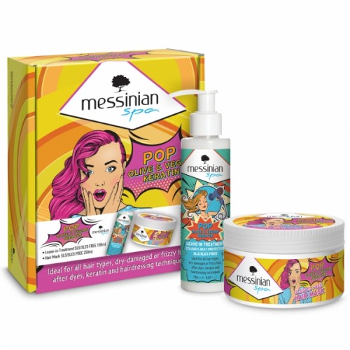 MESSINIAN SPA PROMO POP OLIVE & VEGAN KERATIN LEAVE-IN TREATMENT COLOUR & HEAT PROTECTION 150ml & HAIR MASK 250ml