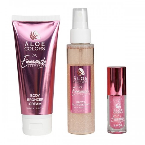 ALOE+COLORS PROMO READY TO GLOW BODY BRONZER 100ml & GLOW & GLITTER SPRAY 100ml & LIP OIL 10ml