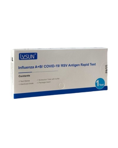 LYSUN INFLUENZA A+B / COVID-19 / RSV ΔΙΑΓΝΩΣΤΙΚΟ ΤΕΣΤ ΤΑΧΕΙΑΣ ΑΝΙΧΝΕΥΣΗΣ ΑΝΤΙΓΟΝΩΝ COVID-19 & ΓΡΙΠΗΣ A+B & RSV 1τμχ