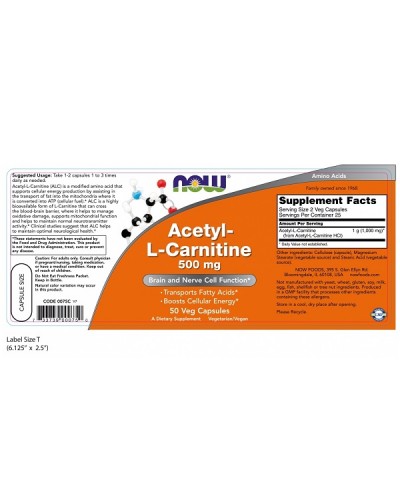 NOW ACETYL L-CARNITINE 500mg 50Veg caps