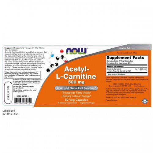 NOW ACETYL L-CARNITINE 500mg 50Veg.caps