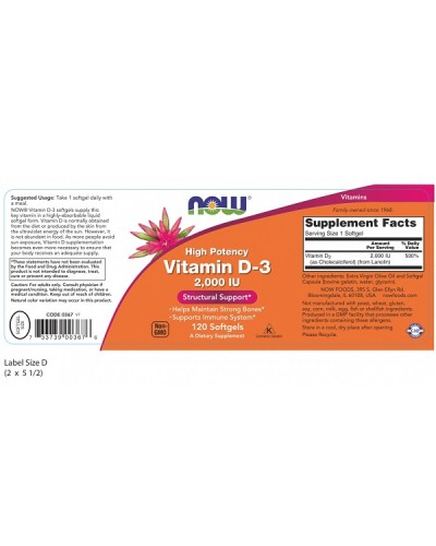 NOW VITAMIN D-3 HIGH POTENCY 2 000IU 120softgels