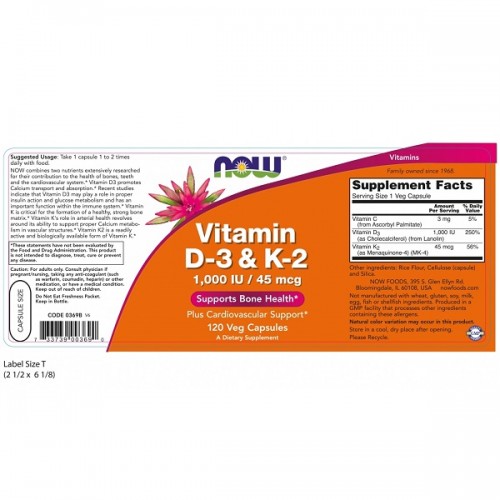 NOW VITAMIN D-3 1.000IU & K-2 45mcg 120Veg.caps