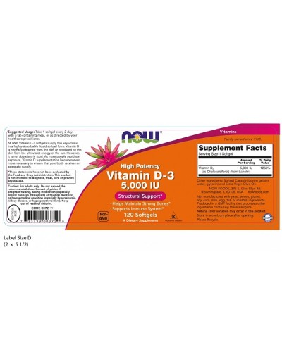 NOW VITAMIN D-3 HIGH POTENCY 5 000IU 120softgels