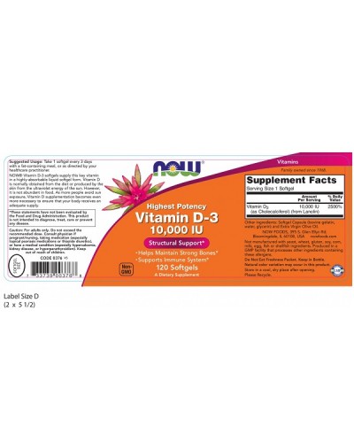 NOW VITAMIN D-3 HIGH POTENCY 10 000IU 120softgels