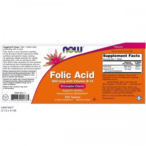 NOW FOLIC ACID 800mcg WITH VITAMIN B-12 250tabs