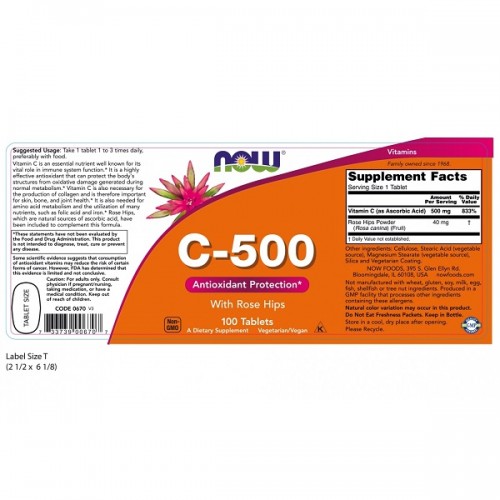 NOW VITAMIN C-500 WITH ROSE HIPS 100tabs