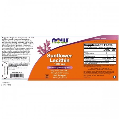 NOW SUNFLOWER LECITHIN 1200mg 100softgels