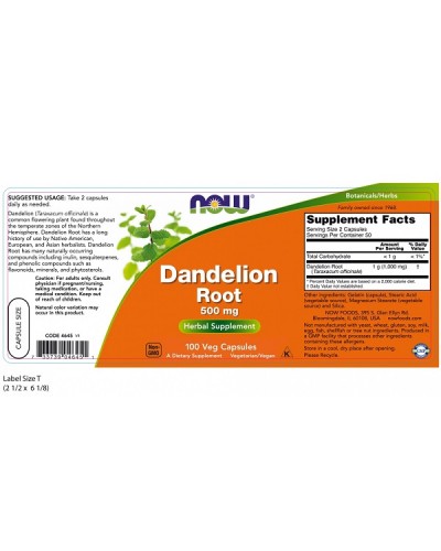 NOW DANDELION ROOT 500mg 100Veg caps