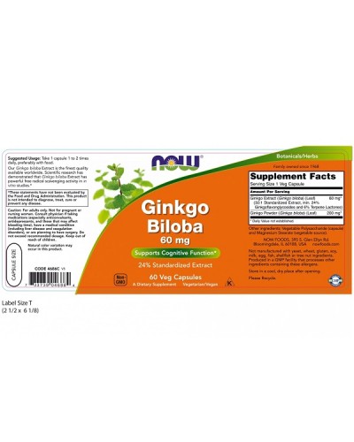 NOW GINKGO BILOBA 60mg 60Veg caps